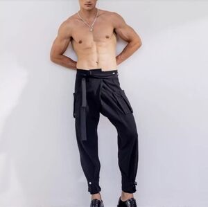 Orttu Anomalous Free Size Avant Garde Utility Cargo Belted Black Trousers